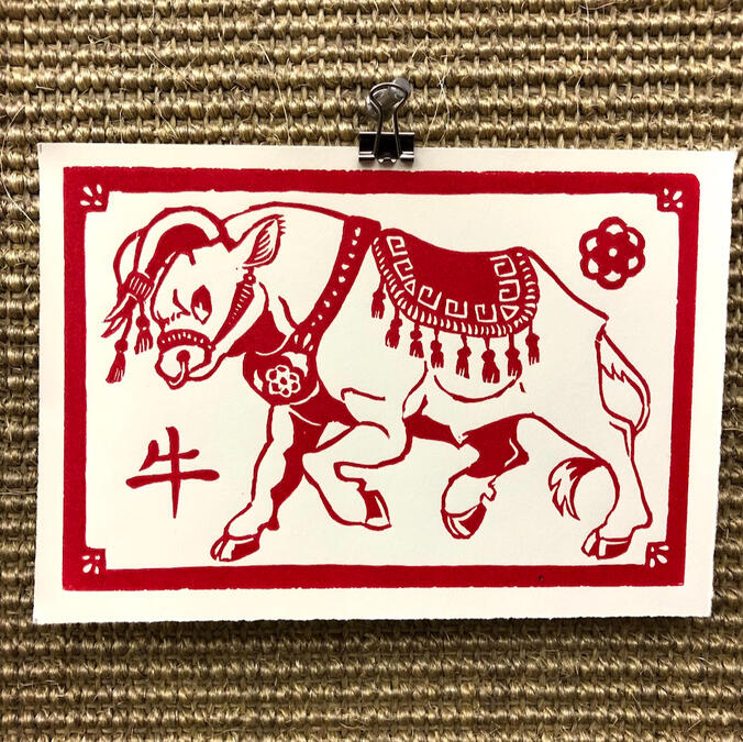 "year of the bull" lino print