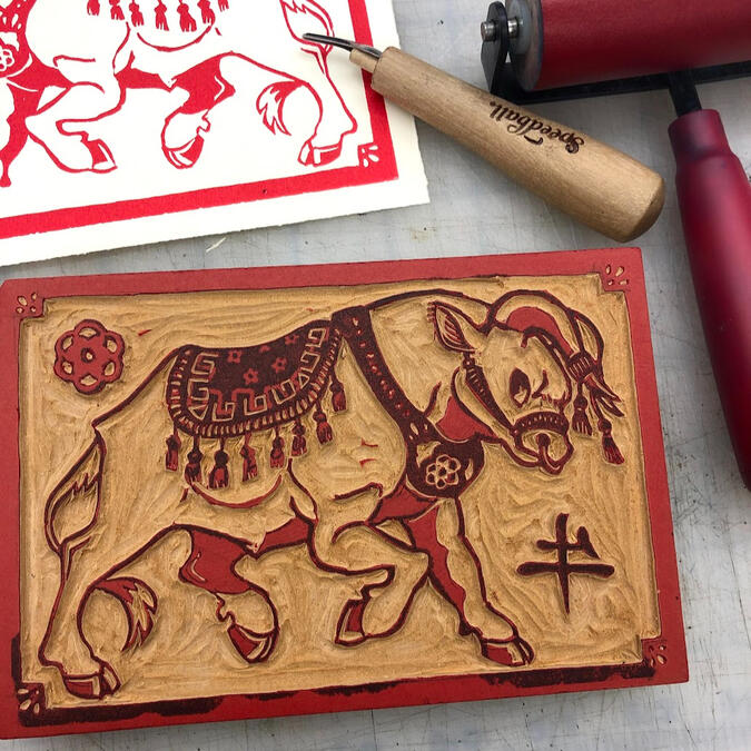 "year of the bull" carved lino block