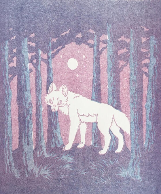 "ghost of the forest" 2-block lino print